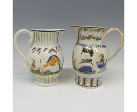 A 19thC prattware Jug of Admiral Duncan, decorated with portraits and seascapes, restored, H 17cm, together with another 19th