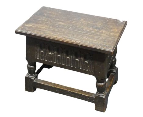 An 18th century style oak hinged top Stool, raised on turned legs and block stretchers, W 54 cm x H 43.5 cm x D 33 cm, togeth
