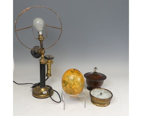 A decorative painted ostrich Egg, with stand, together with a vintage telephone Lamp, hammered copper Bowl and aneroid Barome