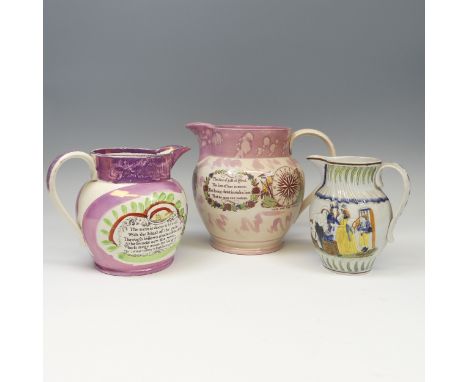An early 19thC Prattware Jug, depicting Gretna Green Scene, H 18cm, together with a 19thC Sunderland lustre Jug, with printed