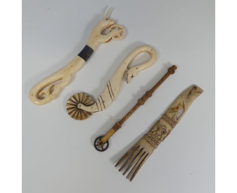 Early 19th century carved bone and horn Pastry Jigger, possibly French Prisoner of War, with unicorn above wheel and fish tai