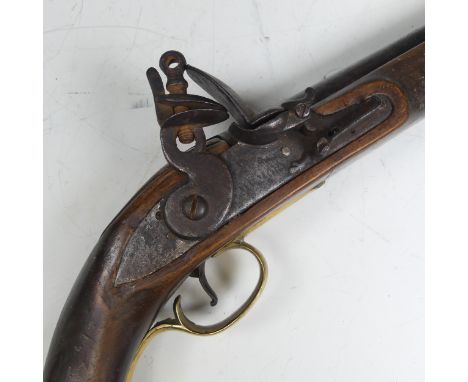A Light Dragoon style flintlock holster Pistol,&nbsp;fixed 9 1/2 inch round barrel, marked flat lock with ring-neck flint-coc