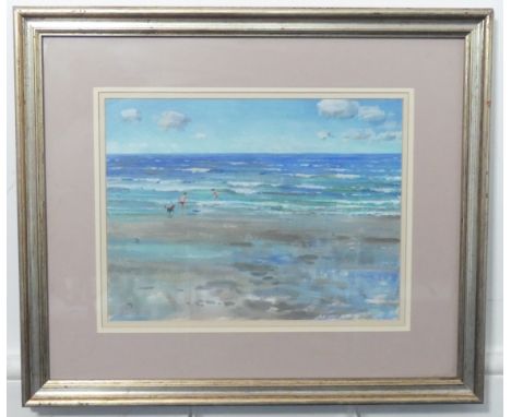 Keith Money&nbsp;(New Zealand, b.1935), Bathers and dog at play in a seascape, oil on board, signed with monogram 'M' lower l
