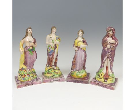A matched group of four Dixon, Austin and Co prattware Figures, early 19thC, modelled as the Four Seasons, each in typical po