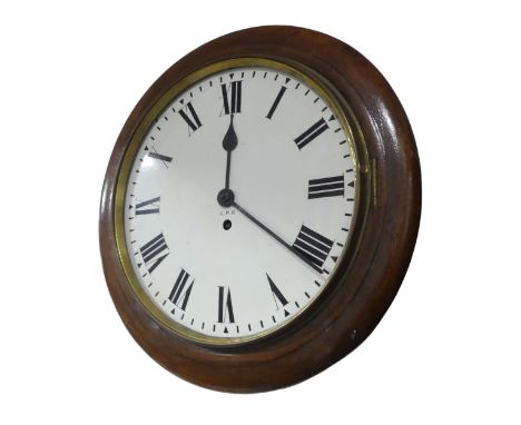 A mahogany cased G.P.O wall Clock, white painted dial, Arabic numbers, minute baton markers, dial painted with G.P.O, single 