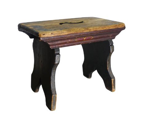 An early 19th century painted Stool, with pierced handle top, W 36.5 cm x H 29 cm x D 24 cm, together with another antique gr