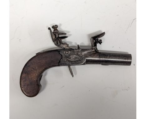 A small flintlock boxlock pocket Pistol by Twigg,&nbsp;engraved action signed 'Twigg, London', folding trigger, slab sided wo