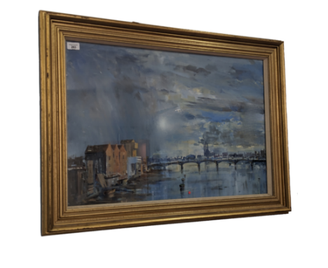 Keith Money (New Zealand, b.1935), The River Thames, towards Chelsea (?), oil on board, signed with monogram ‘M’ lower left, 