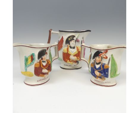 A 19thC pearlware Duke of Wellington Jug, depicting both Wellington and General Hill in relief in prattware colours, together