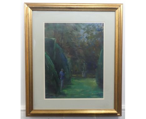 Keith Money&nbsp;(New Zealand, b.1935), Figure in a garden with statue, oil on board, signed with monogram 'M', 46cm x 36cm, 