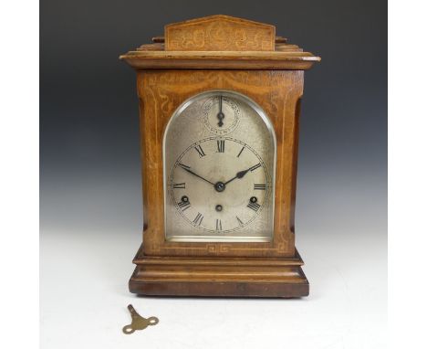 An Early 20th century Edwardian German Mantle Clock, marquetry case and silvered dial, the movement marked 'Wurttemberg, 2135