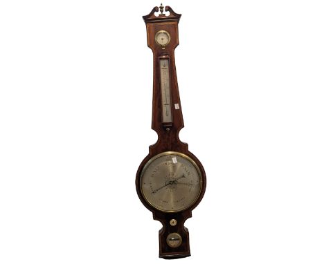 A 19thC mahogany and inlaid Barometer, with circular silvered dial, L 113 cm.