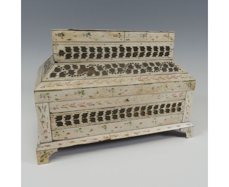 Early 19th century French Prisoner of War carved bone Sewing Box, of rectangular form with geometric decoration, the hinged l