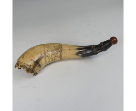 An early 19th century scrimshaw horn Powder Flask, possibly French Prisoner of War, inscribed and dated 1822, ‘Villa Loizo Sa