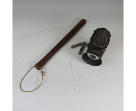A Victorian metal police Lamp by 'Hiatt &amp; co, Birmingham', together with two Metropolitan Police Whistles by J. Hudson &a