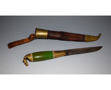 A Middle Eastern dagger, 9.5cm blade, horse head pommel, brass mounted leather scabbard, 22cm long