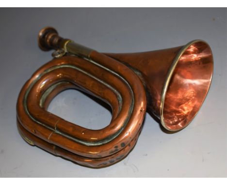 A Ward & Sons Liverpool copper four turn bugle, brass muth piece, 18.5cm long