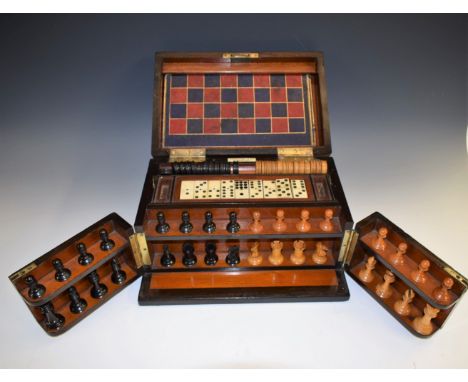 A Victorian burr walnut rectangular games compendium, retailed by Benetfink & Co, London, hinged cover a swing-out doors encl