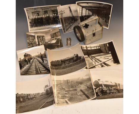 Railwayana - b/w photographs, including LMS Laboratory Library, steam engines (6), track work, workers, committee, interiors 