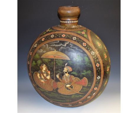 A large Indian toleware moon shaped flask or canister, painted in polychrome with a courting couple, within borders of flower