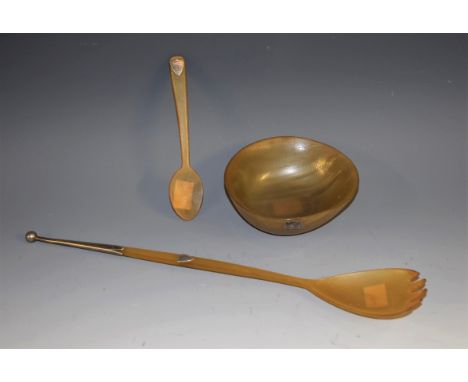 A Scottish Provincial silver mounted cattle horn bowl, serving fork and spoon, the fork 32.5cm long, the shield shaped cartou