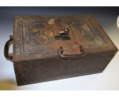 A 19th century cast iron purser's strong box, hinged cover, in relief with crown,letter R and military broad arrow mark, swan