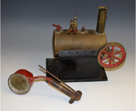An early 20th century live steam model stationary engine, sheet brass cylinder, rectangular base, 18cm wide