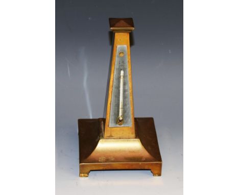 A 19th century cast brass obelisk desk thermometer, silvered register, bracket feet, 18.5cm high, c.1870