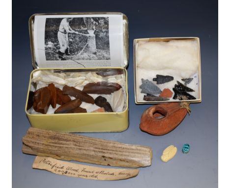 A collection of antiquities and fossils, including an Ancient Egyptian turquoise faience amulet, as a scarab beetle, 1.3cm lo