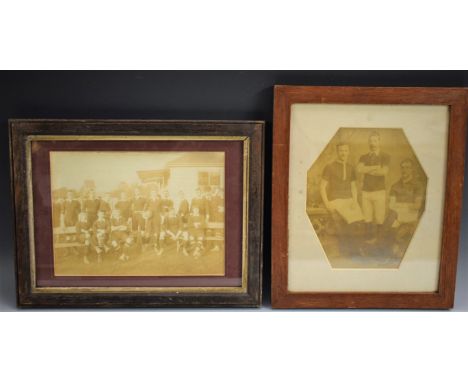 Photography - Sport - Rugby - an early 20th century team portrait, the players arranged along benches, beside a pavillion, 20