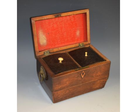 A George III rosewood sarcophagus tea caddy, hinged cover enclosing a pair of lidded compartments, kite shaped escutcheon, ou