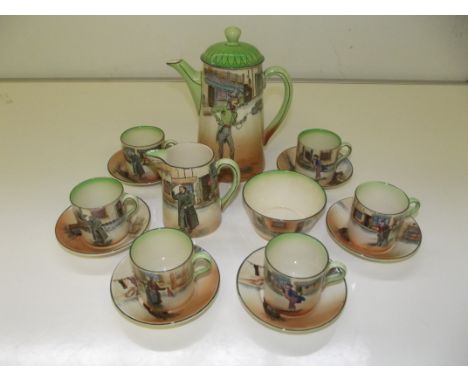 Royal Doulton Dickens series ware coffee set comprising coffee pot, cream jug, sucrier, five coffee cans and saucers