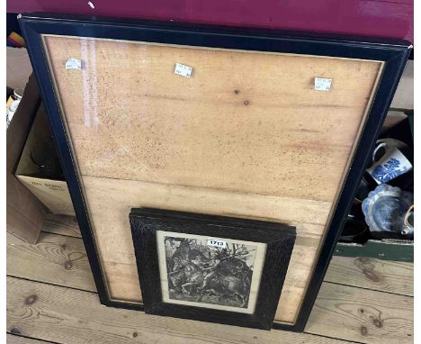 Albrecht Dürer: an oak framed antique monochrome engraving entitled 'Knight, Death and the Devil' - sold with a pair of flora