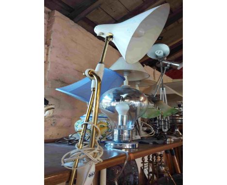 A mid 20th Century brass and white painted metal clamp-on articulated table lamp