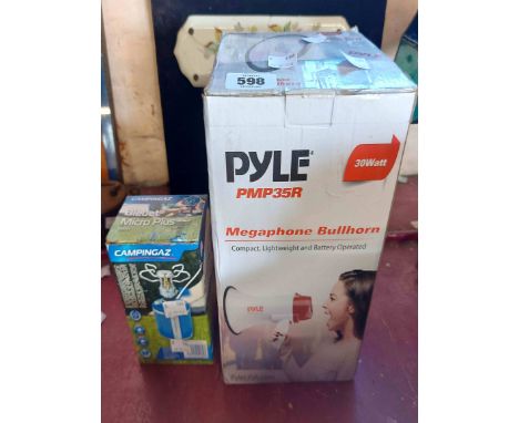 A boxed Pyle PMP35R megaphone - sold with a Campingaz camping stove