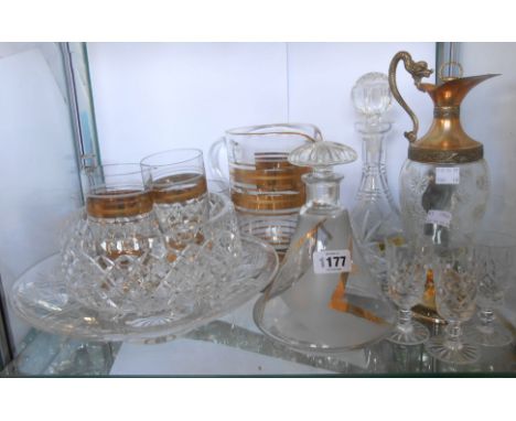 A quantity of glassware including ship's style decanter, lemonade set with gilt banded decoration, etc.