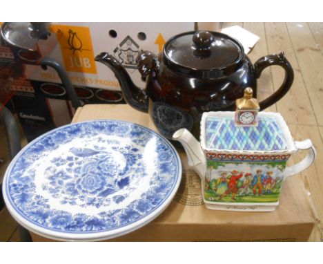 A box containing a quantity of ceramics comprising large treacle glazed teapot with shell form handle, Sadler 'A Round of Gol