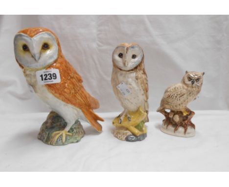 A Beswick pottery barn owl figurine 1046, a Royal Doulton Whyte &amp; Mackay scotch whisky flask of barn owl form and a Babba