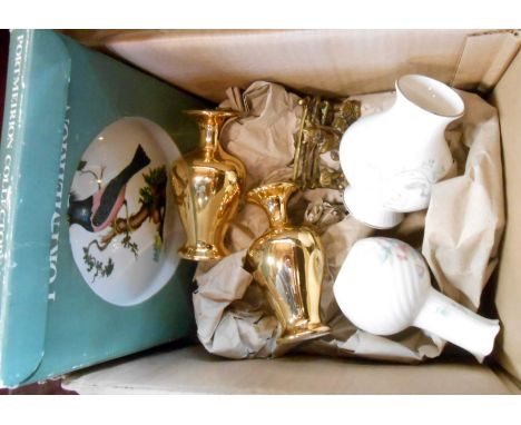 A box containing a quantity of china including two Royal Winton gilt vases, Portmeirion plate, etc.