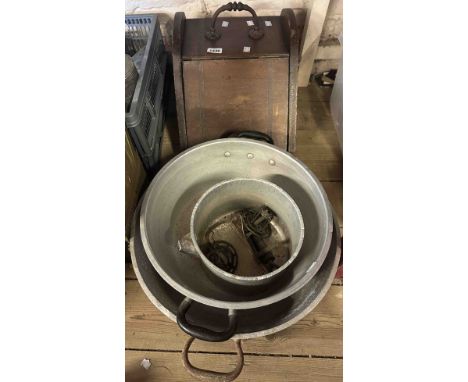 Two old aluminium preserving pans, another similar saucepan (handle missing), a Rolls Razor and a small brass syringe pump - 