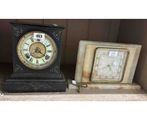 A late 19th Century metal cased mantel clock with Ansonia spring driven gong striking movement - dial glass a/f - sold with a