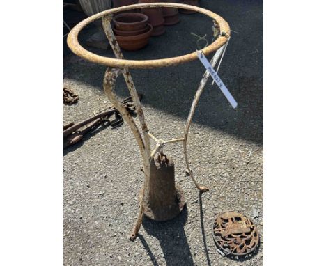 A white painted metal plant stand with cabriole style supports and bell suspended from tripod pot shelf - sold with an iron t