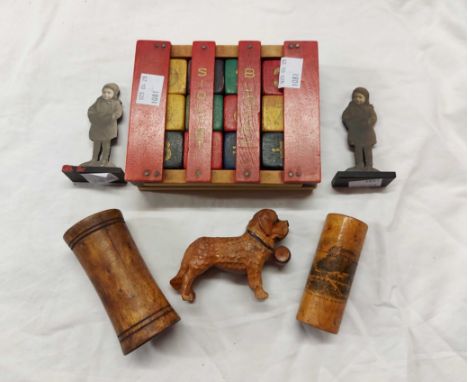 A quantity of collectable items including vintage Dutch painted wood 'Siolet Blocks' child's learning aid, Mauchlineware lidd