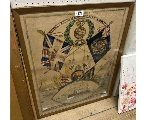 A gilt framed Folk Art watercolour with Royal Marine Light Infantry and other crests surrounding a three masted sailing vesse