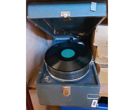 A cased HMV portable record player - sold with a boxed HMV portable receiver and a Dynatron radio - various condition