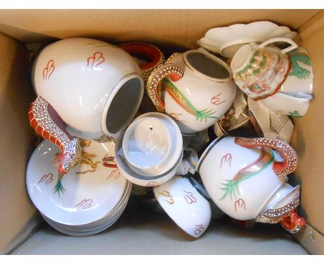A box containing a quantity of Japanese ceramics including part tea set with dragon handles and geisha lithophane decoration,