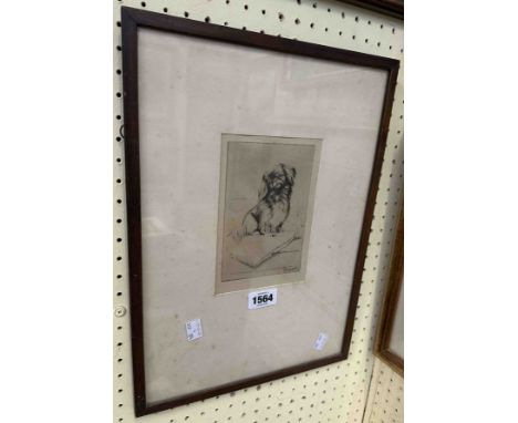 A framed small format monochrome etching depicting a Pekinese dog seated on a cushion - indistinctly signed in pencil