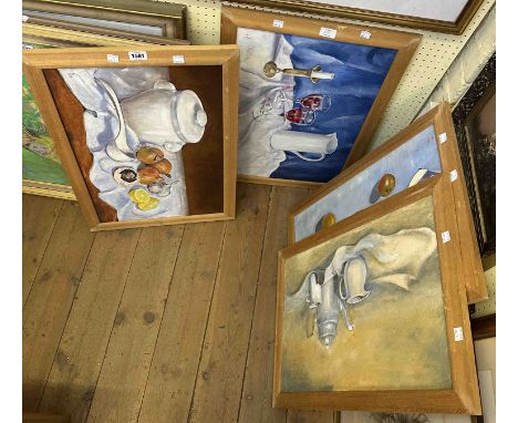 Carol A. Sims: four matching framed medium format acrylic on board still life paintings, depicting various objects, fruit and