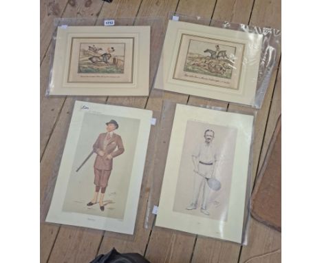 Four plastic sleeved unframed coloured plates comprising two characters from Vanity Fair and a pair of Henry Alken hunting sc