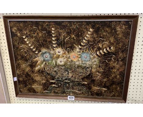 G.A. Macallay: a framed oil on board with sgraffito study of an urn full of flowers and foliage - signed - 42.5cm X 59cm
